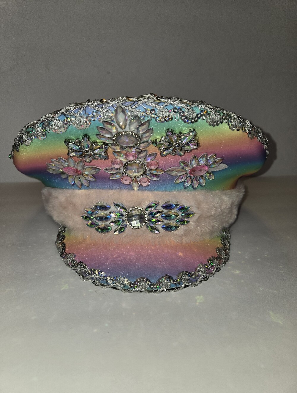 Halloween Pastel Rainbow Captain's Hat Costume Piece Bling Pink Fur One Size
